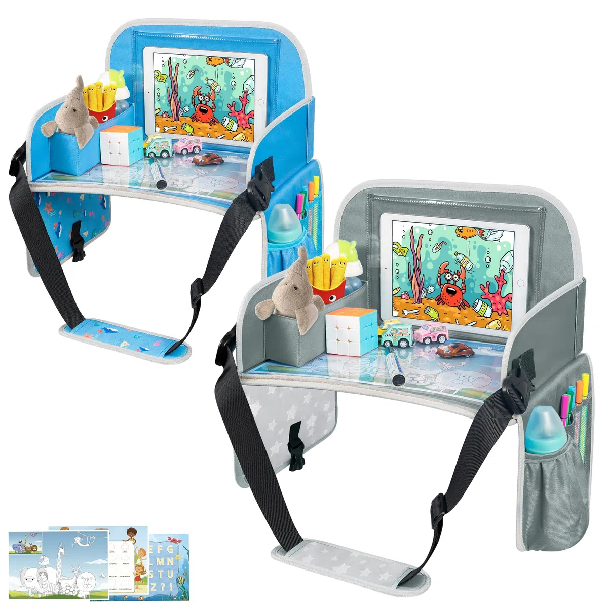 MENZOKE Plateau de voyage pour enfants pour garçons ou filles, plateau de voyage pour siège auto pour enfants avec support de tablette, tableau effaçable à sec et porte-gobelet isotherme, accessoires